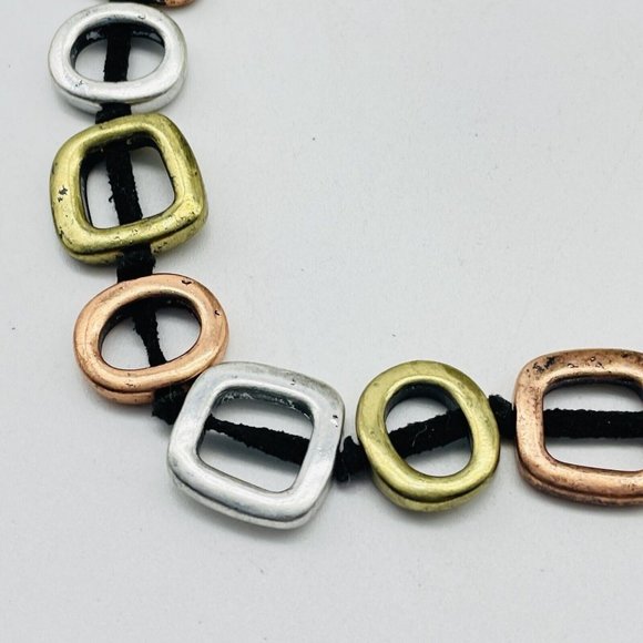 Open Square Necklace Black Suede Cord Mixed Metal Tones Modernist Classic Career - Picture 7 of 9